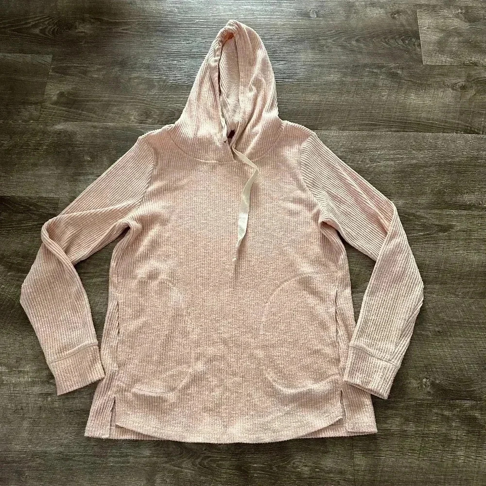 Postmark by Anthropologie Womens Rosalie Ribbed Hoodie Top Light Pink Pockets S